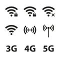 Wifi and wireless icon set for remote internet access isolated on white background. Podcast vector symbols. 3G, 4G and 5G Royalty Free Stock Photo